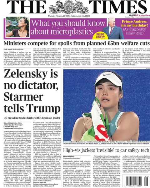 The Times headline reads: Zelensky is no dictator, Starmer tells Trump