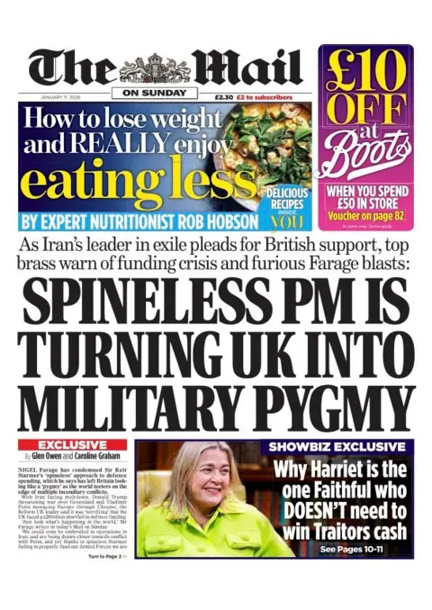 The headline on the front page of the Mail reads: "Spineless PM is turning UK into military pygmy". 