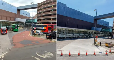 A composite image showing a before-and-after of Eldon Square bus station. The photograph on the left shows a well-worn road, while the image on the right has a smooth surface.