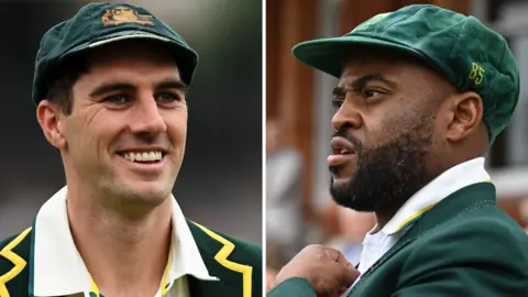 Pat Cummins, left, and Kagiso Rabada at the WTC final