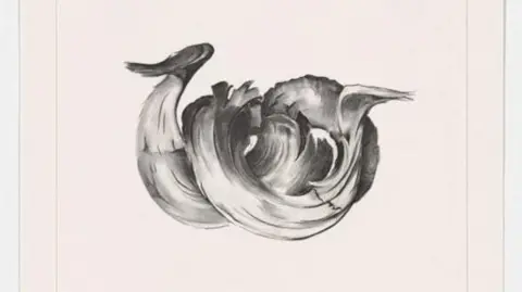 Hayward Gallery A photogravure print by O'Keeffe. It is made up of a flowing curved shape, with different shades of charcoal defining its form.