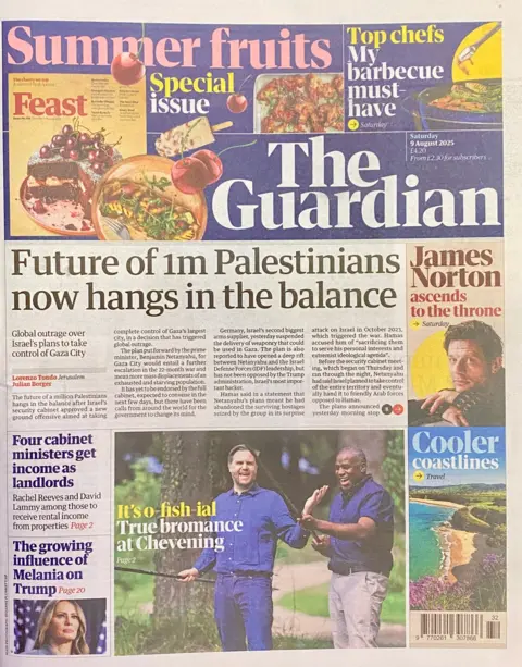 Title on the front of the guardian of reader: "1M Palestinian's future is currently hanging on the balance",