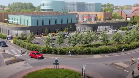 RAD/City of Wolverhampton Council Artist's impression of what the centre will look like. It's a light blue, glass and wood building with a car park in front and is surrounded by trees, close to a main road