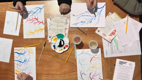 Emmy Porter Drawings on a table showing people's hands painting and drawing leaves and twigs during an art therapy class.