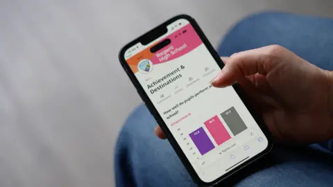 A picture of a woman holding a phone with the new report card site up. It is for Regent High School and it opened on the 'Achievement and Destinations' page. It shows a bar chat with how well pupils perform at the school. 