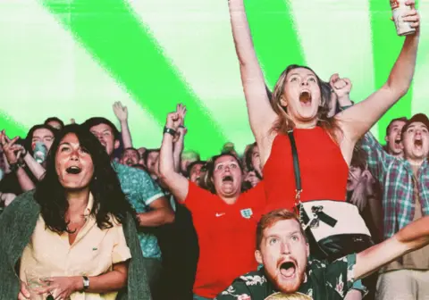 Designed image showing crowd of people celebrating with green sunburst in background 