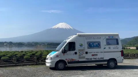 Tread The Globe A white camper van parked up with Mount Fuji in the background