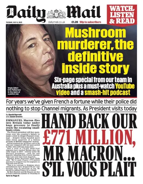 "Hand back out £771 million, Mr Macron ... s'il vous plait," is the headline on the front page of the Daily Mail.