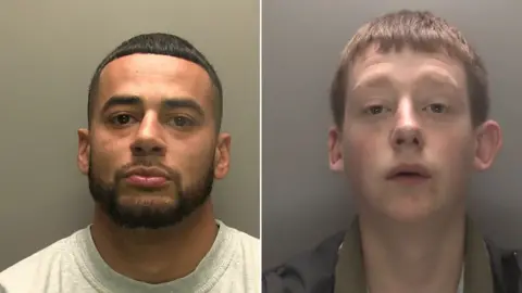 Police custody photographs of Alistair Renwick and Callum Traynor, Renwick has dark hair and beard and is wearing a grey top. Trainor has short brown hair and is wearing a dark top.