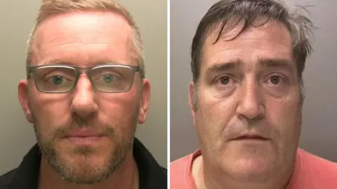 Lincolnshire Police Police custody photograph of Darren Wykes and George Quinn. Wykes has short light hair and beard and wears glasses, Quinn has short dark hair 