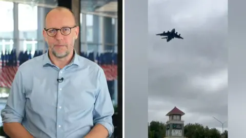 Split screen of a man in a blue suit and a large plane in a cloudy sky. 