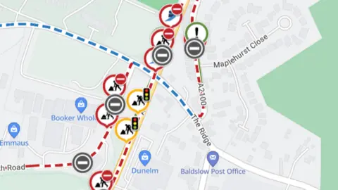 A map showing roadworks and repairs.