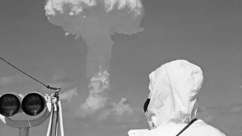 A mushroom cloud over the Pacific, near Kiribati, after Britain detonated its second hydrogen bomb in 1957
