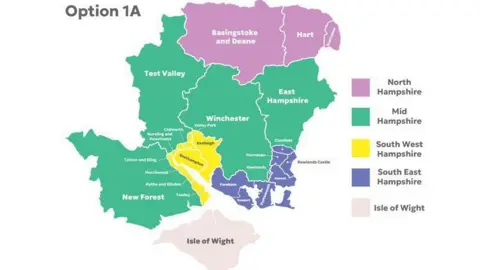 A graphic showing Option 1A of the local government reoganisation.
It shows a new North Hampshire authority taking in Basingstoke, Hart and Rushmoor, a Mid Hampshire authority covering the most of the existing New Forest, Test Valley, Winchester and East Hampshire, a South West Hampshire one taking in Eastleigh, Southampton and the the newly added Waterside villages, including Totton, a South East Hampshire authority taking in Portsmouth, Havant, Gosport and Fareham.