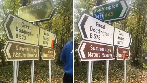 TikTok/The Ginger Cleaner Two images of the same road signs side-by-side. On the left is the signs, which is one green sign, two white ones, and two brown ones, dirty. One the right are the same signs after being cleaned. Behind the signs are trees. 