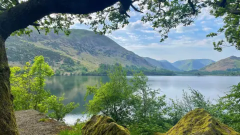 Georgia Roper A lake in Penrith which reflects mountains that rise around it, underneath a blue sky with tiny clouds dotted across it. A thick tree branch hangs into the top of the frame, and around the bank of the lake where the photo has been taken, there are bright green bushes and moss-covered boulders. The entire composition looks like it could have been painted by the artist Bob Ross.