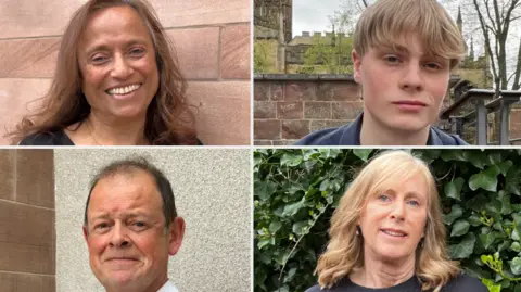 Malkit is smiling at the camera and has light-brown, shoulder length hair, Ben is a teenage student with fair hair with a fringe that is just below his eyebrows, Chris is a middle-aged man with a balding forehead and Beverley has blonde shoulder-length hair.