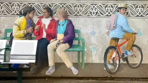 Artwork at Stapleton Road rail station platform shows three women sitting talking on a bench and a young man on a bicycle. The artwork is painted on a wall next to a steel bench for rail customers