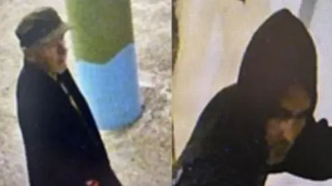 Two CCTV images showing a man with his hood up and another man wearing a cap and a jacket. 