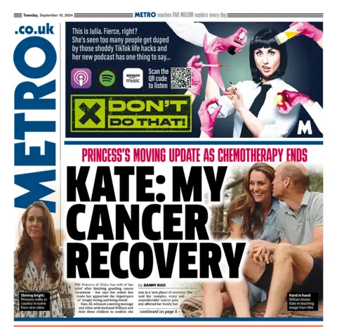 Metro front page featuring a photo of the Prince and Princess of Wales and the headline 