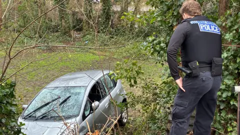 Silver car down an embankment with police officer standing on the bank with their back to the camera.