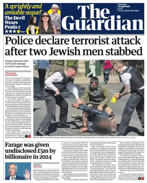 The headline on the front page of the Guardian reads: "Police declare terrorist attack after two Jewish men stabbed."