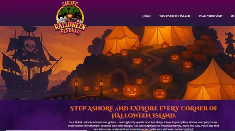 Cardiff Halloween Festival A silhouetted pirate ship is next to a bridge with a number of pumpkin lanterns and orange tents on a hill. The website says Cardiff Halloween Festival. It also says 'Step ashore and explore every corner of Halloween Island'.
