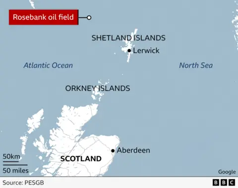 A map of the north sea showing the jackdaw and rosebank fields relative to the mainland and other island groups