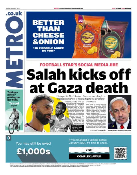 The headline on the front page of the Metro reads: "Salah kicks off at Gaza death".