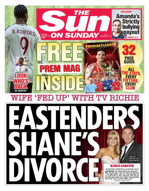 "Eastenders Shane's divorce," reads the headline on the front page of the Sun on Sunday.