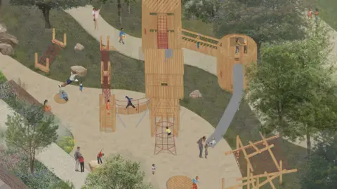 North East Lincolnshire Council A design of a public garden with a wooden play structure of varying sizes with chain bridges, towers and netting. People and children can be seen dotted about.