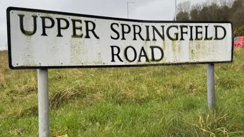 A standard NI road sign Upper Springfield Road on a grassy bank