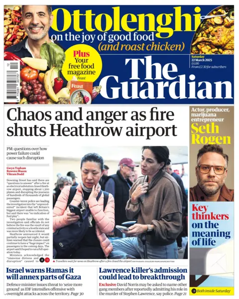 The headline in the Guardian reads: Chaos and anger as fire shuts Heathrow airport