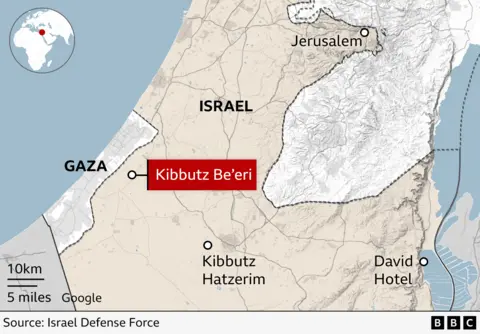 Map showing Kibbutz Be'eri and its determination  successful  narration  to Kibbutz Hatzerim and the David Hotel - each  successful  confederate  Israel