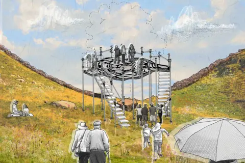 Alex Hartley and Tom James / National Trust A sketch of the dip in the land where the Sycamore Gap tree used to sit has a tall structure placed on it. Two sets of stairs lead up to a platform, which has a tree ring design on the floor, is perched on top of poles. There are black and white people on the platform and walking up to it, there are also two characters sitting on the field beside it. A dotted line marks out where the tree once was.