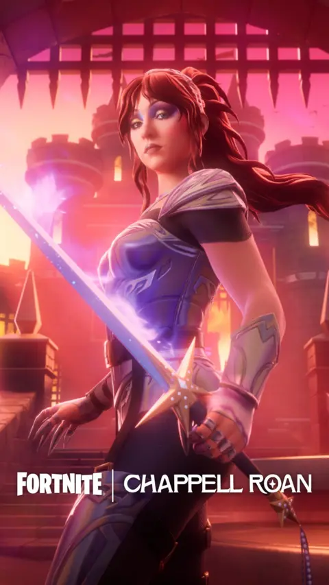 Epic Games An illustration showing Chappell Roan's skin in Fortnite. She is wearing a metal breast plate and is holding a glowing sword. She has long red hair tied up in a ponytail. She is standing in front of a castle 