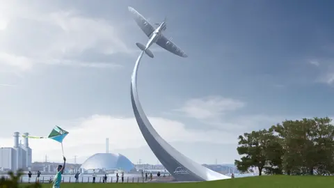 An artist's impression of a curved steel arm rising from a park to a Spitfire model at the top. Southampton landmarks, including an incinerator, a river and towerblocks are in the background.