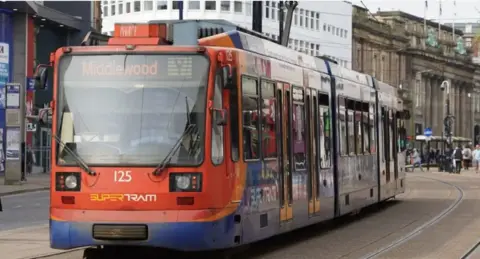 BBC Sheffield Supertram heading up High Street towards Middlewood from Sheffield city centre with Fargate and Cutler's Hall to the left