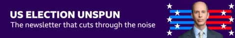 Thin, dark blue banner promoting the US Election Unspun newsletter with text that says it's: "The newsletter that quiets the noise surrounding the presidential election". There's also a striped red and blue graphic with white stars and a headshot of Anthony Zurcher.