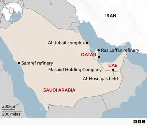 A map showing Ras Laffan refinery in Qatar and neighbouring Gulf countries including Iran