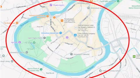 West Mercia Police A map shows the centre of Shrewsbury, with a red circular line surrounding it to denote the extent of the dispersal zone set up by police.