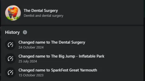 Facebook A list of names that The Dental Surgery facebook had previously gone under, including The Big Jump and SparkFest Great Yarmouth.