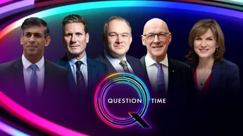 BBC The four party leaders - Rishi Sunak, Sir Keir Starmer, Sir Ed Davey and John Swinney - appearing on a BBC Question Time Election special