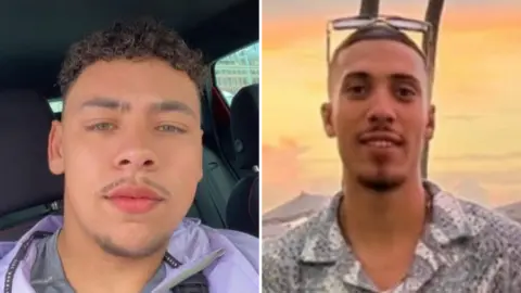 The image is a side‑by‑side composite of two photos. On the left, a young man is seated inside a car. The interior shows a dark seat, part of a headrest and a window. The man is wearing a light‑coloured top with a zip and appears to be sitting in the front seat. On the right, a young man is in front of a warm, orange‑coloured sky. He is wearing a patterned, short‑sleeved shirt. 