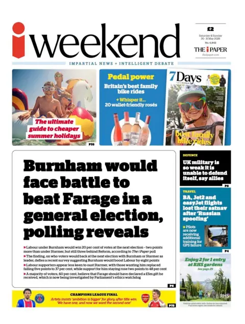 The headline on the front page of the i Weekend reads: 'Burnham would face battle to beat Farage in a general election, polling reveals'.