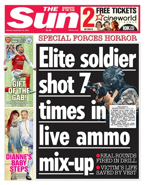 "Elite soldier shot 7 times in live ammo mix-up" reads the headline on the front page of The Sun.