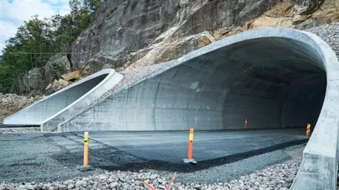 Two tunnel entrances under a mountain in Norway.