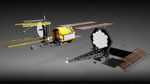 A CGI of the concept designs for the Habitable Worlds Observatory. The telescopes have large wing-like structures and solar panels.