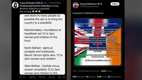 Screenshots of tweets. The one on the left is from Tracy O'Hanlon saying "Protests planned for Saturday to bring Northern Ireland to a standstill. Eire is rising" with three tri-colour emojis. The one on the right is from Tommy Robinson saying "A protest in Belfast tomorrow". It has a Union Jack flag and Irish flag background.