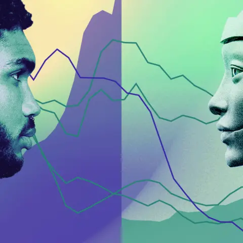 A stylised image in blue and green tones showing a man with a beard and a humanoid robot facing each other, with chart lines running between them.